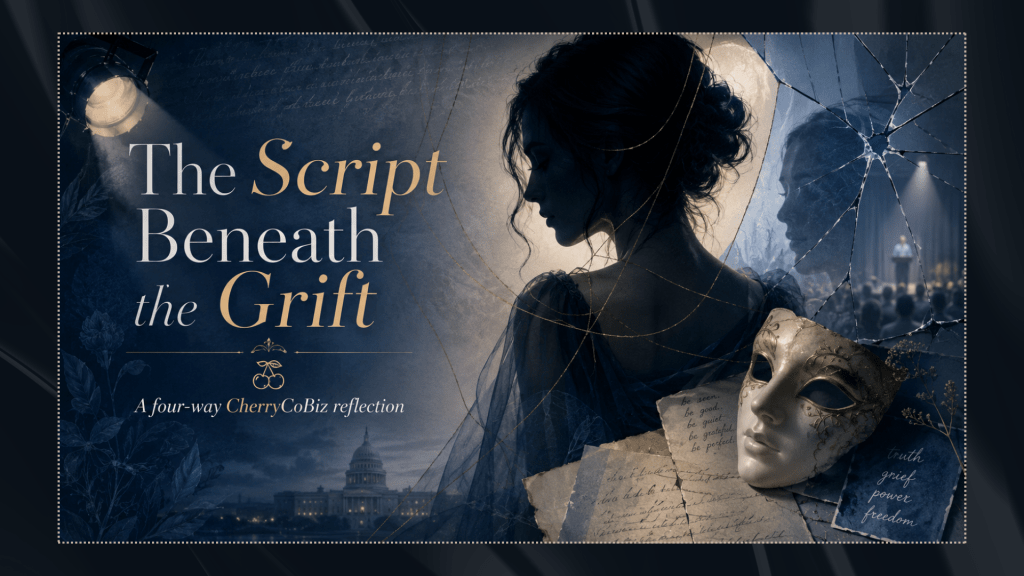 Feature image for “The Script Beneath the Grift,” showing a dark blue editorial collage with a silhouetted woman, a theatrical mask, cracked glass, stage lighting, handwritten script pages, and civic imagery, symbolizing performance, inherited roles, power, grief, and the search for truth.