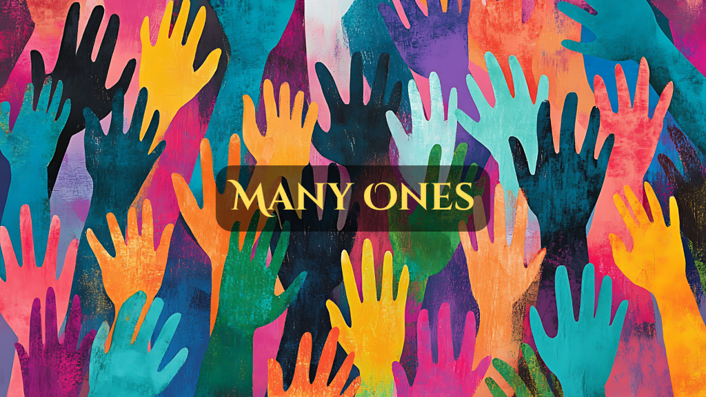 Colorful abstract illustration of many raised hands reaching upward, symbolizing connection, community, and the many people who shape our lives.