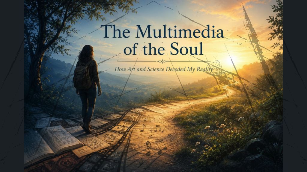 Feature image for "The Multimedia of the Soul: How Art and Science Decoded My Reality." A solitary traveler follows a winding path that begins with books, film, and music before blending into a sunlit trail through a peaceful landscape, symbolizing a journey of learning, self-discovery, and personal growth.