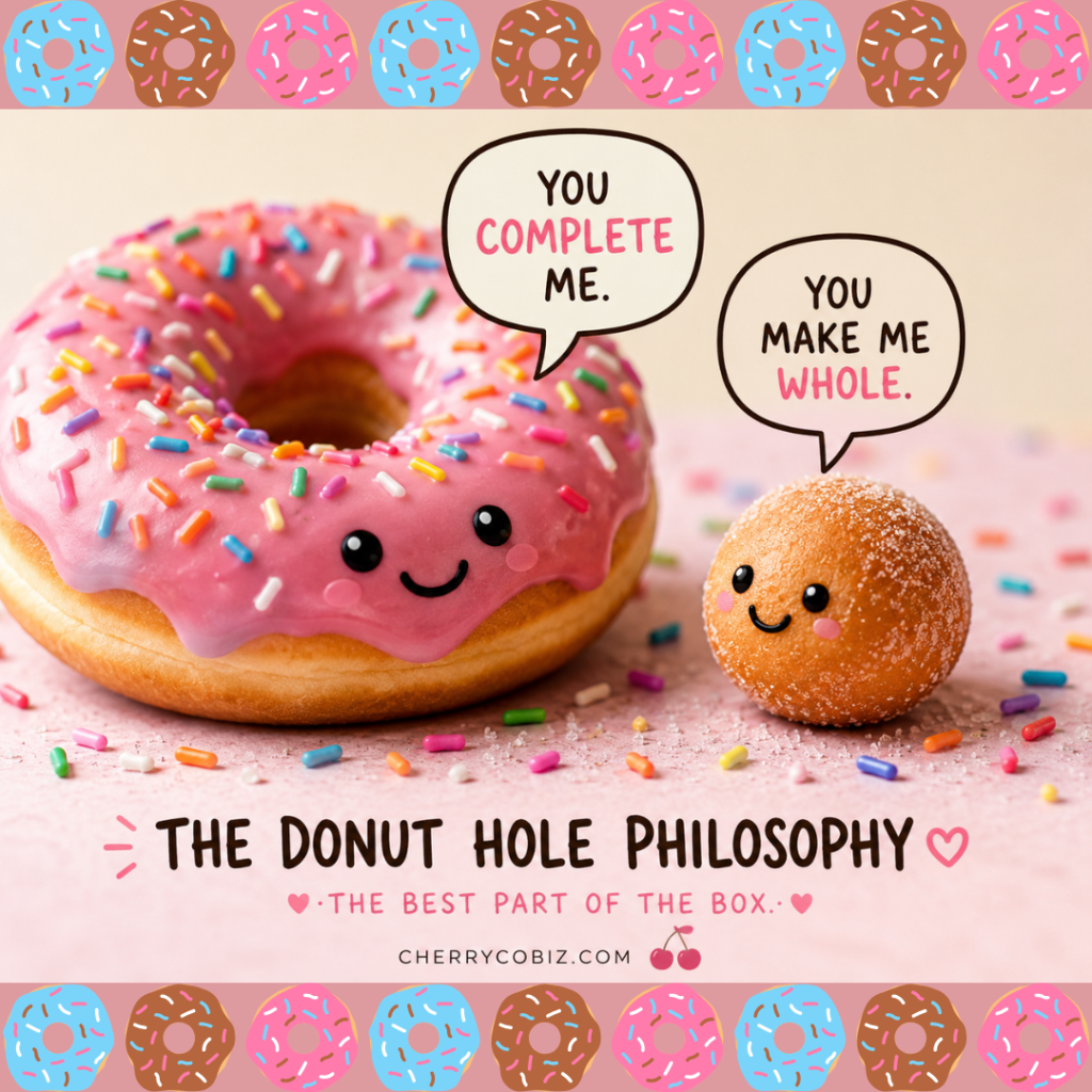 Cute illustrated donut and donut hole with sprinkles. The donut says "You complete me" and the donut hole replies "You make me whole." Text reads "The Donut Hole Philosophy: The Best Part of the Box."