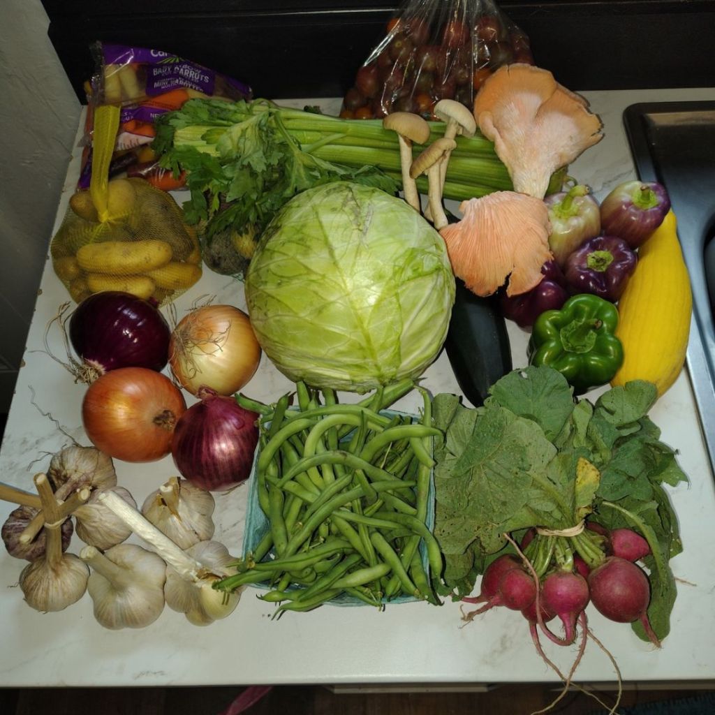 Fresh vegetables, herbs, specialty mushrooms, and other locally sourced ingredients from Springfield-area farmers markets arranged on a kitchen counter before becoming Cherry Soup: Late Summer Harvest.