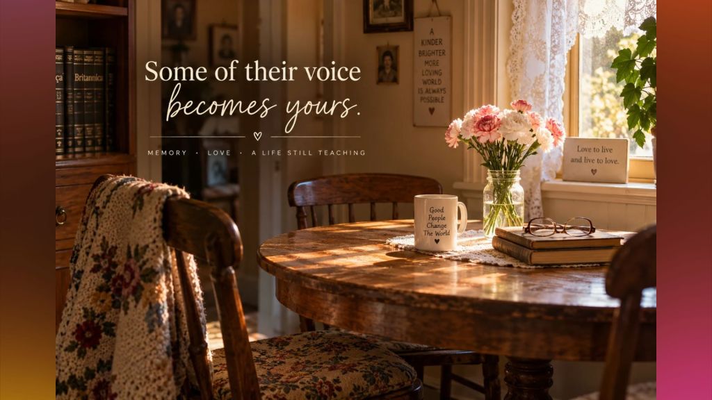 Warm, sunlit vintage kitchen with a round wooden table, carnations, books, glasses, and a mug, with the words “Some of their voice becomes yours.”