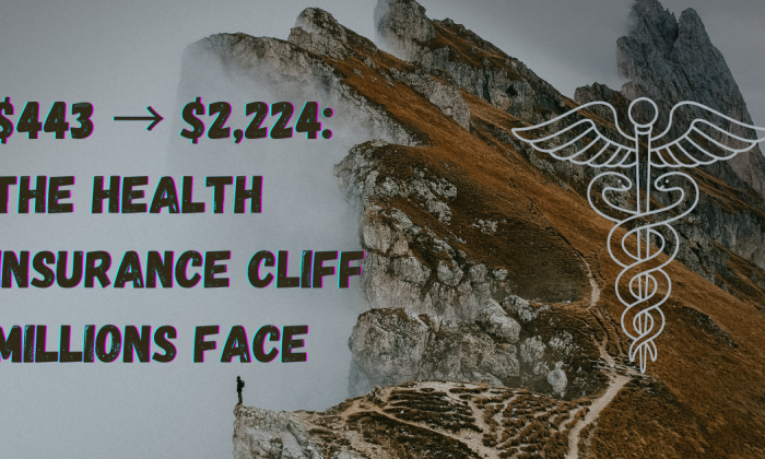 A steep, rocky mountain ridge with fog spilling through the cliffs. On the right side of the image is a white caduceus medical symbol, and on the left is bold overlay text reading: “$443 ? $2,224: The Health Insurance Cliff Millions Face.”