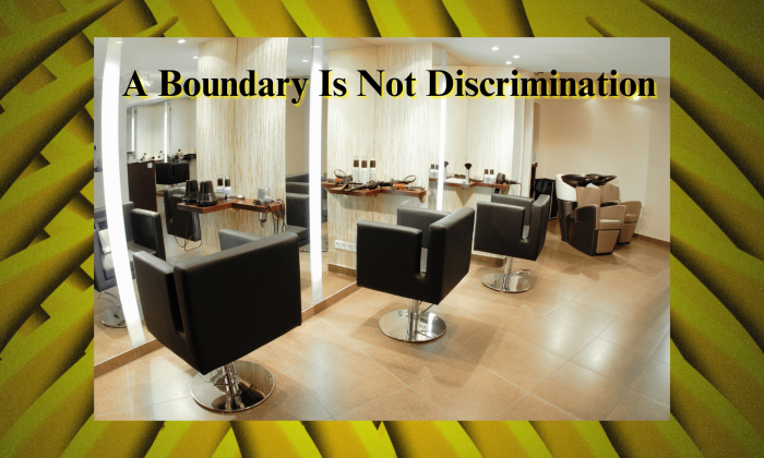 Empty salon chairs in a quiet beauty studio with the headline “A Boundary Is Not Discrimination.”