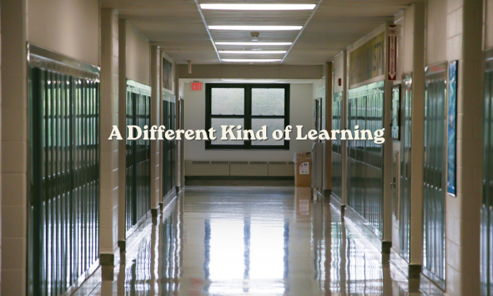 Empty high school hallway lined with dark lockers, with soft natural light at the far end and the title “A Different Kind of Learning” centered in cream serif text.