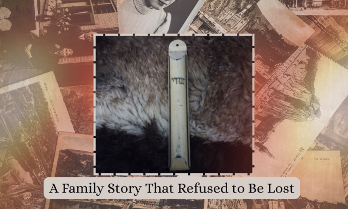 A vintage-inspired collage of old family photographs forms the background for a central image of a worn tin Mezuzah resting on a fur-textured surface. Below it, a soft beige banner reads ‘A Family Story That Refused to Be Lost,’ reflecting the relic’s long journey through generations.