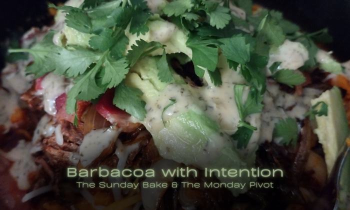 Barbacoa stuffed sweet potato topped with caramelized onions, bacon, avocado, fresh cilantro, and jalapeño lime ranch, with the title ‘Barbacoa with Intention’ overlaid.