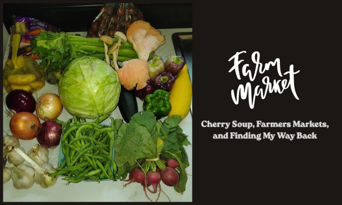 Fresh vegetables, herbs, specialty mushrooms, and other locally sourced ingredients from Springfield-area farmers markets arranged on a kitchen counter before becoming Cherry Soup: Late Summer Harvest.