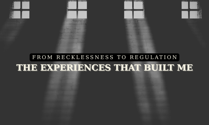Grayscale image of a stone wall with beams of light streaming through square windows above, featuring the overlay text ‘The Experiences That Built Me – From Recklessness to Regulation.’