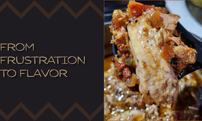 Close-up of braised pork butt in a Dutch oven, glazed with honey and spices, representing a home-cooked meal created during a challenging week.