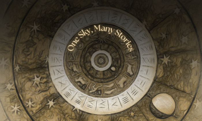 Antique-style circular zodiac wheel in warm sepia tones, surrounded by stars and celestial symbols, with the title “One Sky, Many Stories” arched across the center.