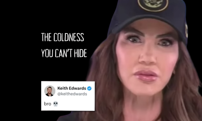 Feature graphic showing a screenshot of Kristi Noem from Keith Edwards’ viral post-turned-video, with the words ‘The Coldness You Can’t Hide’ over a stark black background.