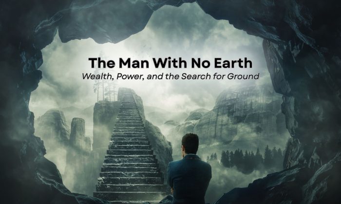 Feature image for "The Man With No Earth." A lone figure stands before a staircase ascending through a mist-filled landscape, symbolizing wealth, power, ambition, and the search for grounding in a reflection on Elon Musk, astrology, and society.