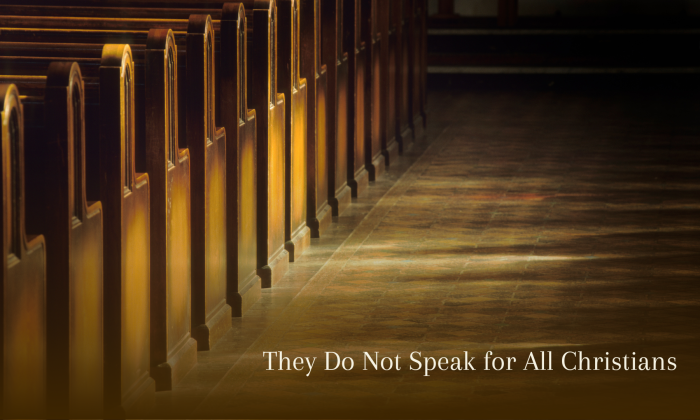 Sunlight falls across empty wooden church pews and a polished aisle, with the overlay text “They Do Not Speak for All Christians.”