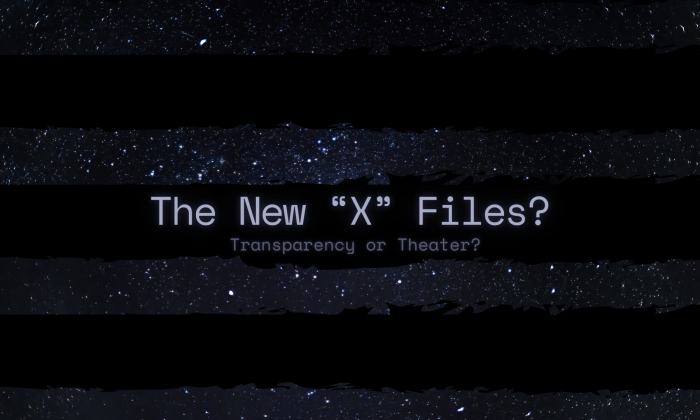 A starry night sky covered by black redaction bars with the headline “The New ‘X’ Files? Transparency or Theater?” symbolizing secrecy and declassification debates.