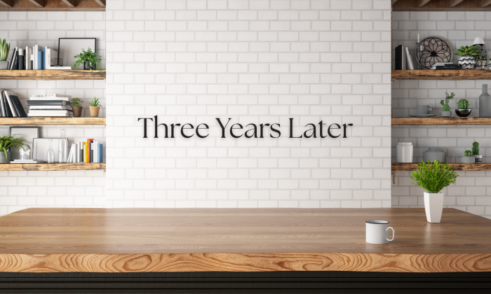 Kitchen-style countertop with shelves, plants, books, and a single coffee mug. The words "Three Years Later" appear on a white brick wall, introducing a reflective essay about accountability, disappointment, and unfulfilled promises.