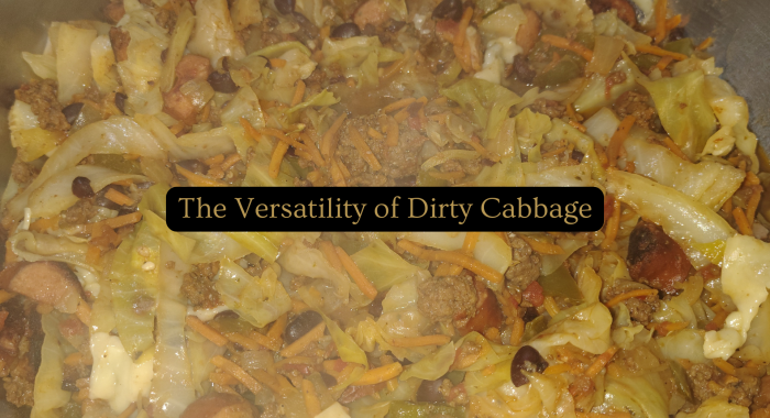 Dirty cabbage variation with cabbage, shredded carrots, black beans, tomatoes, peppers, ground beef, and apple gouda sausage, shown with an overlay reading “The Versatility of Dirty Cabbage.”