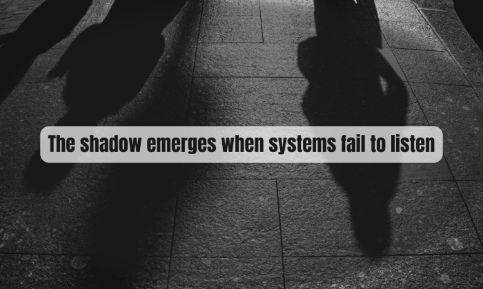 Black-and-white image of human shadows cast across a stone walkway, symbolizing unseen forces emerging when institutional trust breaks down.