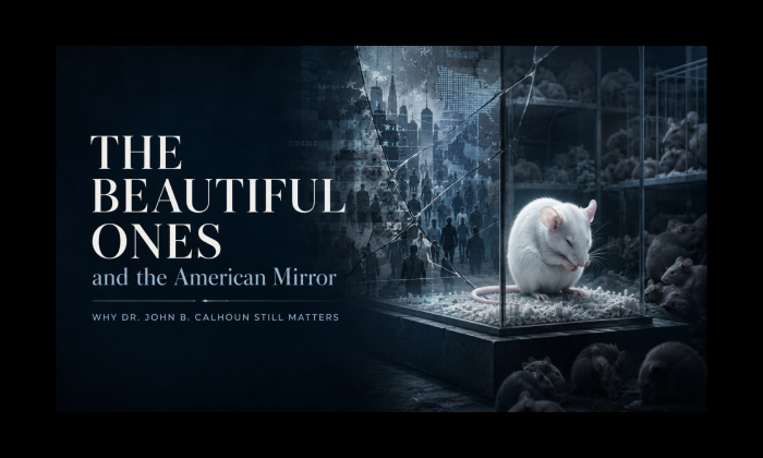 Feature image for “The Beautiful Ones and the American Mirror.” On the left, large white editorial text appears on a dark blue-black background. On the right, a white mouse sits alone in a glass enclosure grooming itself, brightly lit against a shadowy scene of crowded mice in the background. Behind the enclosure, a cracked mirror effect overlays a city skyline and silhouettes of people, symbolizing social fragmentation, isolation, and the connection between Calhoun’s Universe 25 experiment and modern American society.