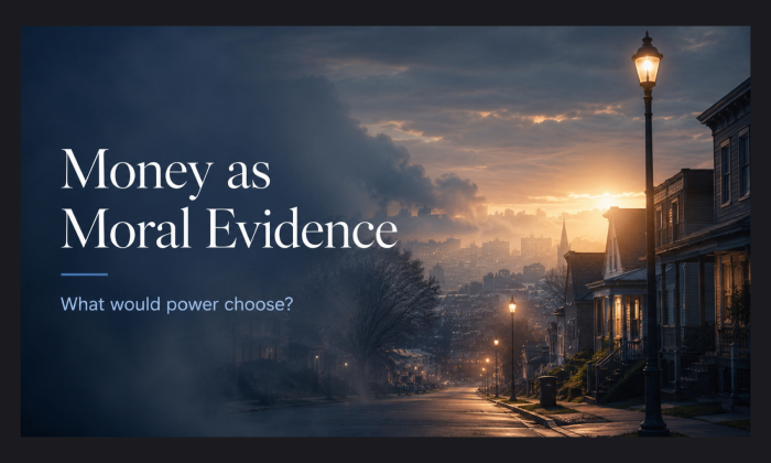 Moody neighborhood street at dusk with smoke and warm light breaking through, overlaid with the words “Money as Moral Evidence” and “What would power choose?”