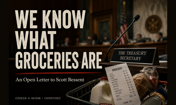A dramatic editorial image of a Senate-style hearing room with a microphone, a Treasury Secretary nameplate, and a grocery cart holding milk, bread, and a receipt. Large overlay text reads, “We Know What Groceries Are.”