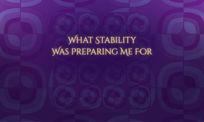 Abstract geometric pattern of layered squares in deep purple and blue with the glowing title "What Stability Was Preparing Me For." The artwork represents stability, structure, and personal growth through changing seasons.