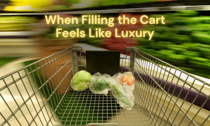 Grocery cart with only a few vegetables inside moving through a blurred supermarket produce aisle, illustrating how filling a grocery cart now feels like a luxury.