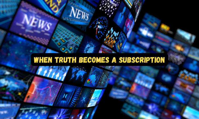 A wall of glowing digital news screens in shades of blue with the overlay text “When Truth Becomes a Subscription” across the center.