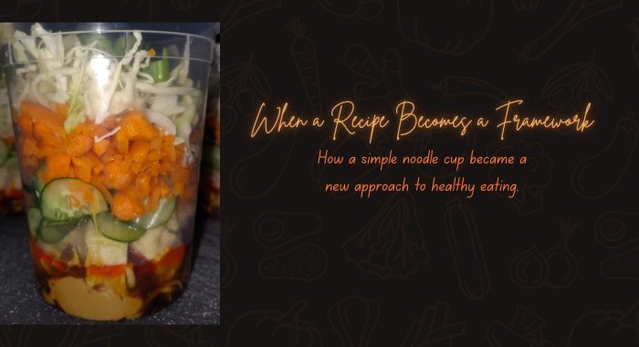 The first heart of palm noodle cup experiment: layered vegetables, noodles, and dressing in a reusable container that inspired a new framework for healthy eating.