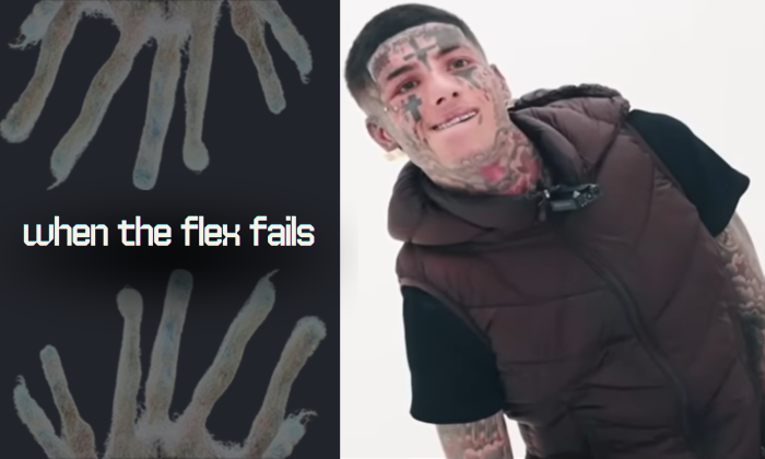 Designed feature image for the blog post “when the flex fails,” showing a dark left panel with abstract shapes inspired by the Island Boys’ iconic spiked hair and a tilted image of Flyysoulja on the right against a stark white background, creating an uneasy, off-balance mood.