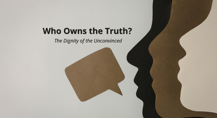 Overlapping human profiles in warm neutral tones face a speech bubble, representing dialogue, differing perspectives, and the question of who defines truth.
