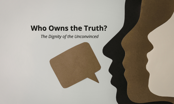 Overlapping human profiles in warm neutral tones face a speech bubble, representing dialogue, differing perspectives, and the question of who defines truth.