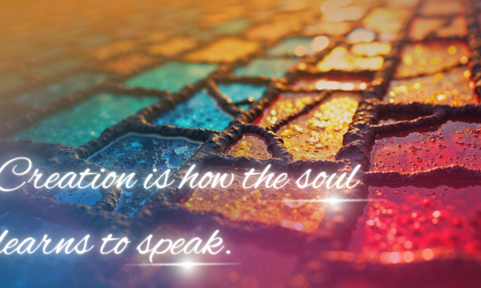 Close-up of stained glass tiles glowing in sunlight, with colors of gold, blue, and crimson melting into one another. Water droplets shimmer on the surface, symbolizing reflection and emotion. The words “Creation is how the soul learns to speak.” appear in elegant white cursive, evoking self-expression, beauty, and spiritual communication.