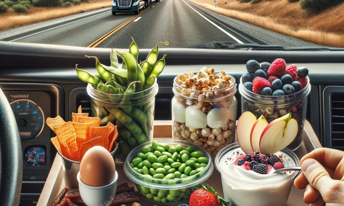 DALL·E 2024-02-04 12.46.34 - Create an image of a truck driver's dashboard with a view of the open road through the windshield, and an array of healthy snacks within easy reach. T