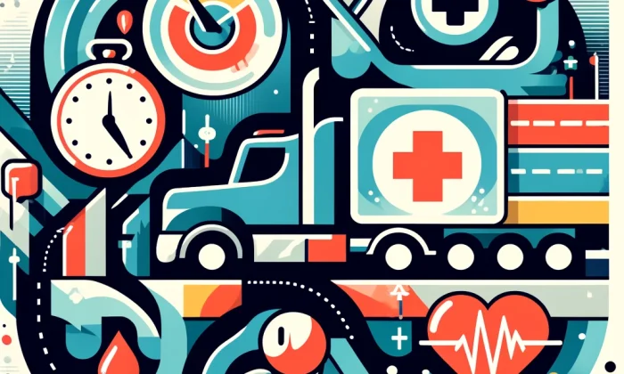 DALL·E 2024-06-07 10.46.18 - An abstract image representing the trucking industry and the challenges truck drivers face. Use shapes and colors to depict a truck and a long road, w