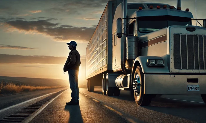 DALL·E 2024-08-06 13.26.22 - A solemn scene of a truck driver standing beside his parked truck, looking out into the distance with a sense of sadness and uncertainty. The truck is