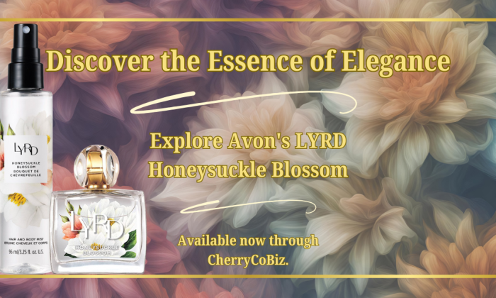 Promotional image for Avon's LYRD Honeysuckle Blossom featuring a perfume bottle and a body mist spray against a softly blended floral background in hues of peach, blue, and cream. Text overlay reads 'Discover the Essence of Elegance,' 'Explore Avon's LYRD Honeysuckle Blossom,' and 'Available now through CherryCoBiz.' The overall design conveys luxury and the allure of fragrance.