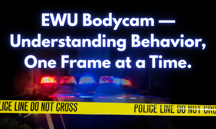 Police car lights and caution tape glow in the night, symbolizing accountability and awareness. Text reads: ‘EWU Bodycam — Understanding Behavior, One Frame at a Time.’