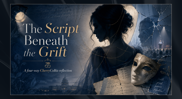 Feature image for “The Script Beneath the Grift,” showing a dark blue editorial collage with a silhouetted woman, a theatrical mask, cracked glass, stage lighting, handwritten script pages, and civic imagery, symbolizing performance, inherited roles, power, grief, and the search for truth.