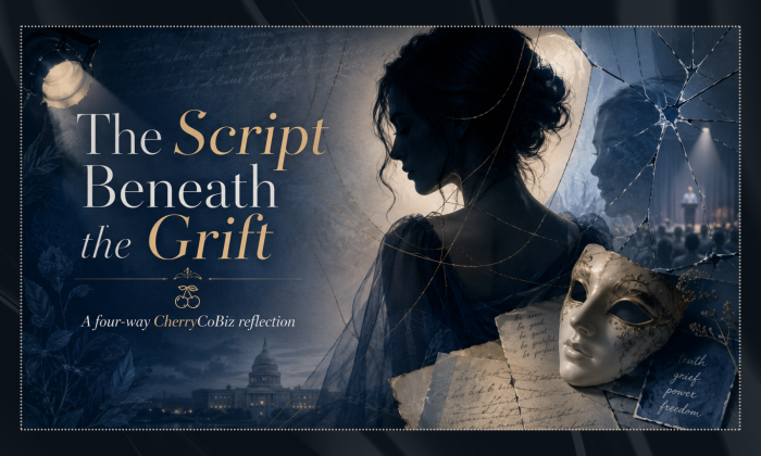 Feature image for “The Script Beneath the Grift,” showing a dark blue editorial collage with a silhouetted woman, a theatrical mask, cracked glass, stage lighting, handwritten script pages, and civic imagery, symbolizing performance, inherited roles, power, grief, and the search for truth.