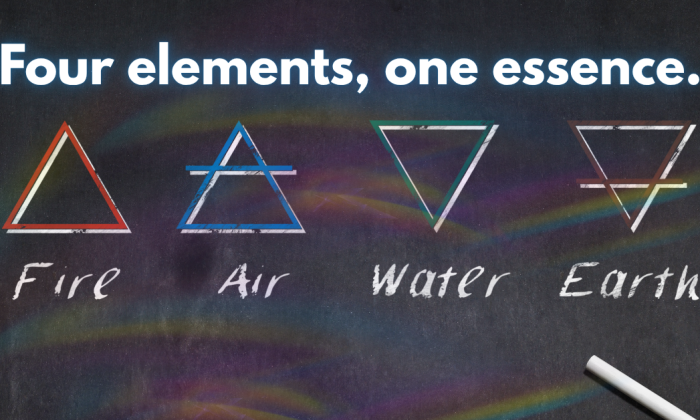 A chalkboard background displays the elemental symbols for Fire, Air, Water, and Earth, each outlined in their colors — red, blue, green, and brown. Soft rainbow light arcs across the background beneath the phrase “Four elements, one essence.”