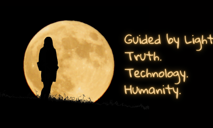 A silhouette of a woman standing in front of a full golden moon, with glowing handwritten text reading “Guided by Light — Truth. Technology. Humanity.” The image symbolizes reflection, balance, and the union of human creativity with mindful technology.