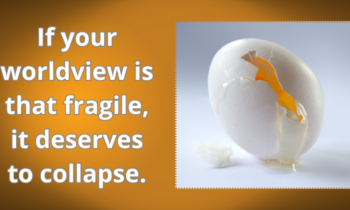 A cracked white egg leaking yolk, symbolizing a fragile worldview collapsing under truth.