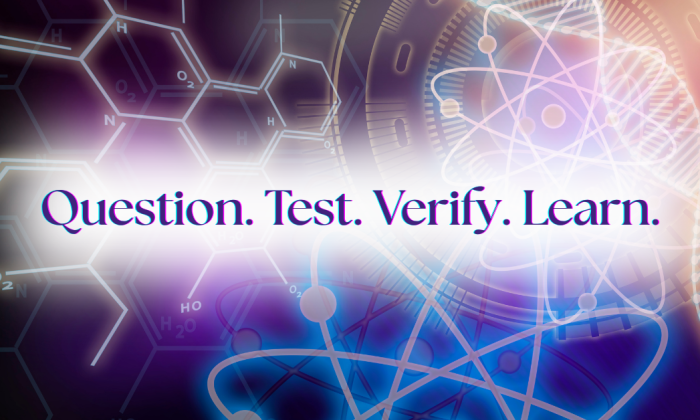 Digital illustration of scientific diagrams with glowing molecules and atomic structures, overlaid with the words ‘Question. Test. Verify. Learn.’ symbolizing the process of scientific inquiry.