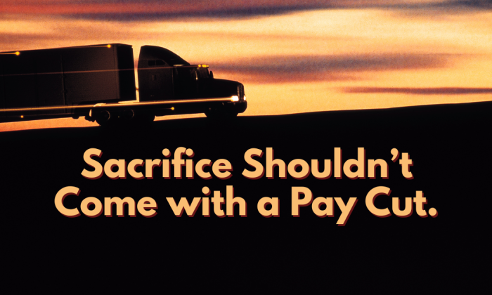 A silhouette of a semi-truck driving against a vivid sunset sky with bold text overlay reading, “Sacrifice Shouldn’t Come with a Pay Cut.” The image symbolizes the struggles and sacrifices of truck drivers facing unfair financial penalties.