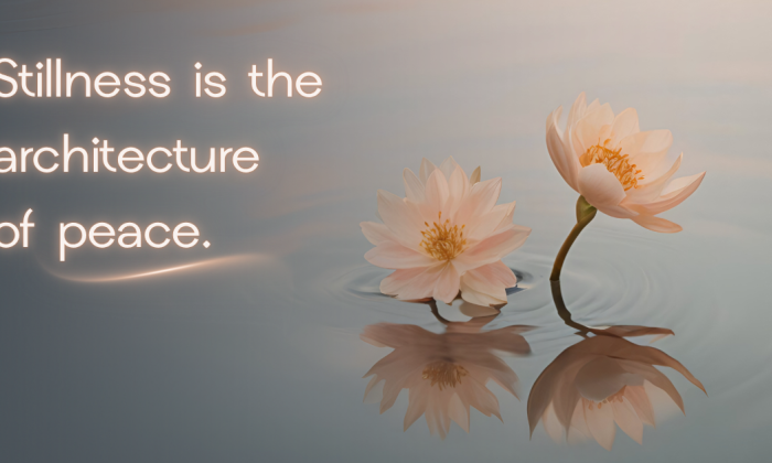 Soft light illuminates two pale lotus blossoms floating on calm water, their reflections rippling gently below. The quote “Stillness is the architecture of peace.” glows beside them in warm golden text, evoking serenity and self-understanding.