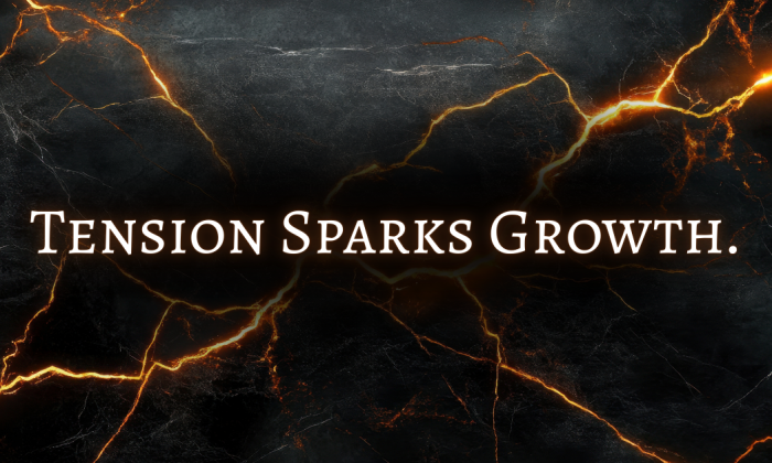 Dark cracked stone with glowing golden light shining through the fractures, symbolizing tension and transformation. Overlay text reads: ‘Tension Sparks Growth.’