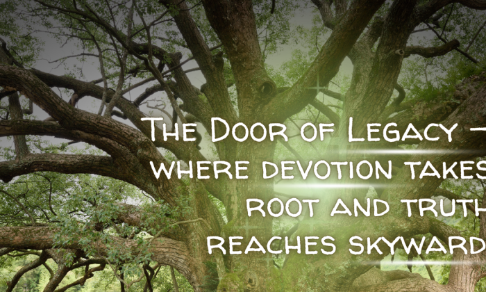 A sprawling tree with thick, grounding roots and wide branches reaching skyward beneath a soft green glow. Text overlay reads: “The Door of Legacy — where devotion takes root and truth reaches skyward.” The image symbolizes stability, growth, and the harmony between structure and spirit.