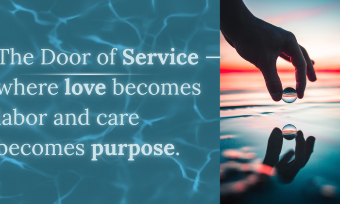 A tranquil image showing a hand delicately holding a clear sphere above calm water at sunset, its reflection forming a perfect circle. The text reads, “The Door of Service — where love becomes labor and care becomes purpose.” The scene evokes mindfulness, compassion, and balance — the essence of the Sixth House in astrology.