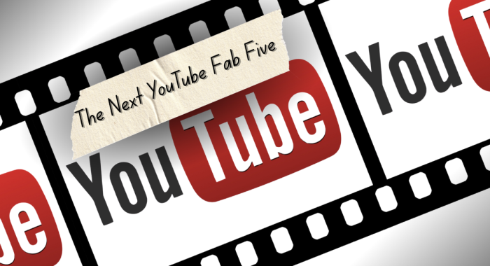 A stylized film strip featuring the YouTube logo repeated across frames. A torn piece of tape overlays the image with handwritten text reading “The Next YouTube Fab Five.” The design represents a creative showcase of diverse YouTube creators.